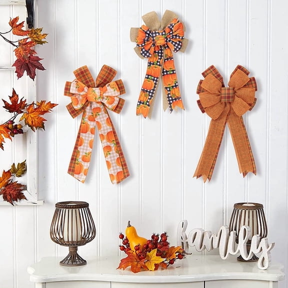 Sinkoo 3 Pcs 20" x11" Large Fall Bows for Wreaths, Pumpkin Buffalo Plaid Burlap Wired Thanksgiving Bows, Harvest Ornaments for Front Door, Christmas Tree Topper Bow, Party Decor
