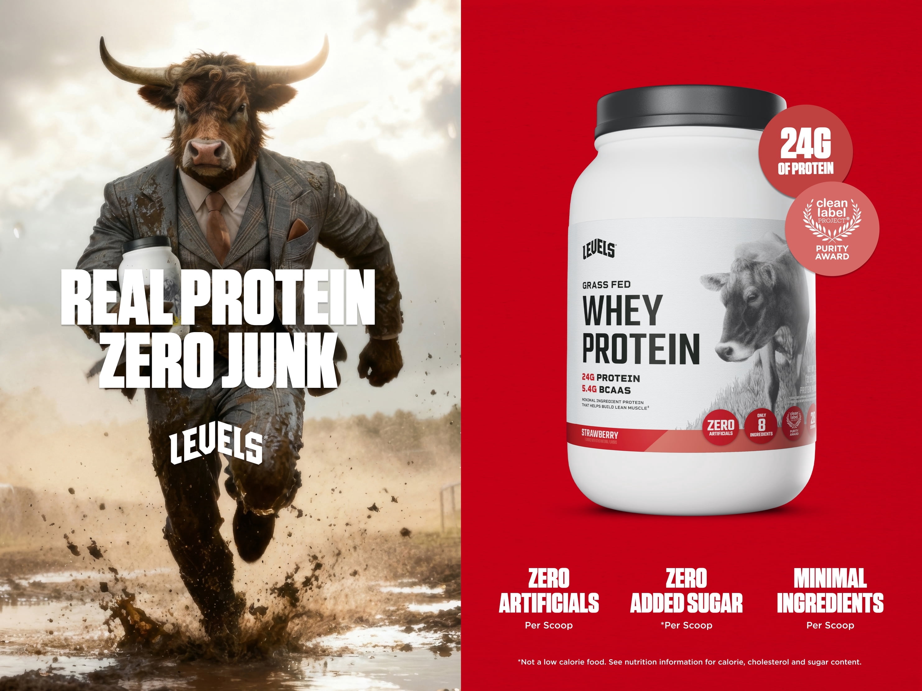Levels Grass Fed Whey Protein Powder, No Artificials, 24G of Protein, Strawberry, 2LB