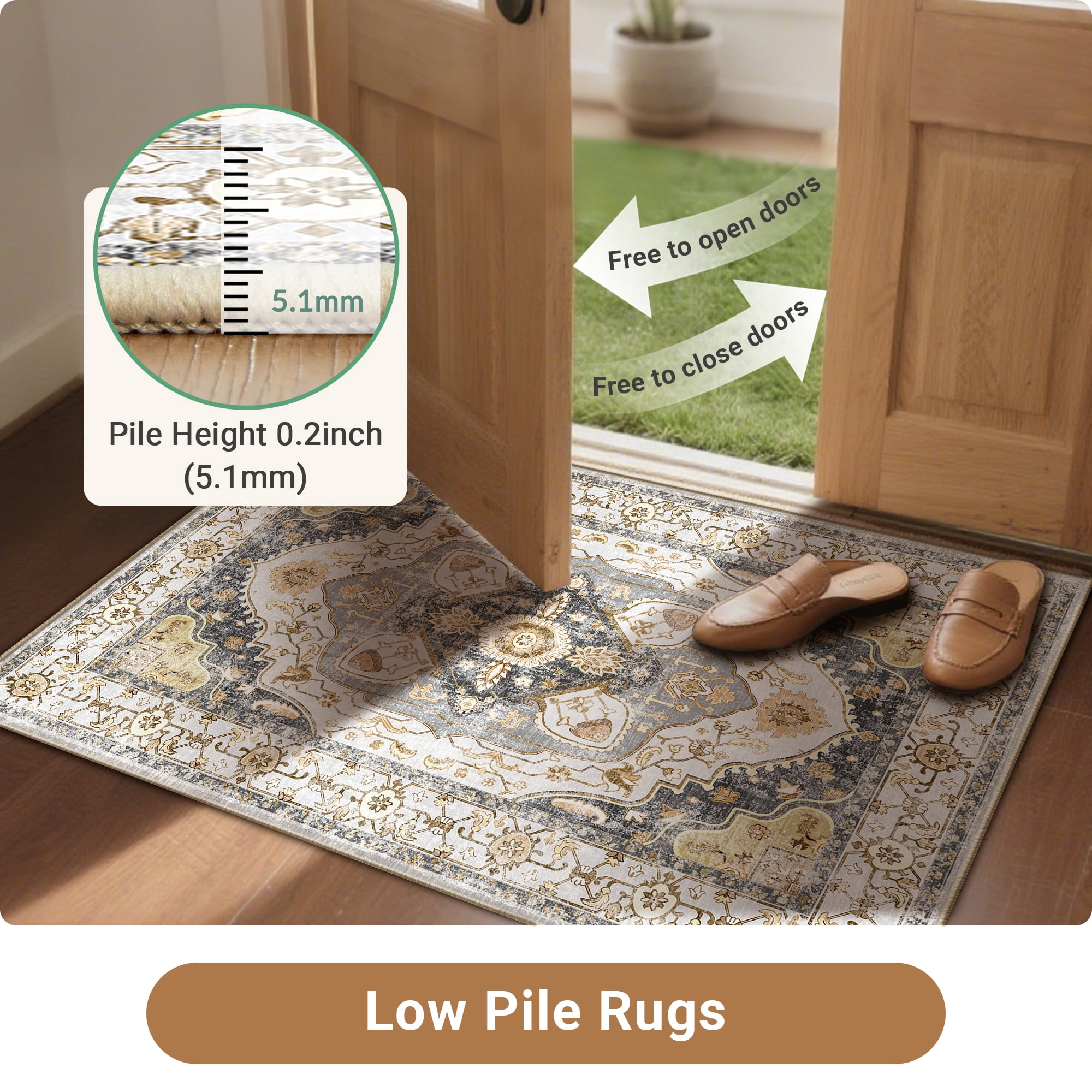 NewBuros 8'x10' Area Rugs for Living Room, Washable Non-Slip Vintage Tribal Print Rugs, Soft Low Pile Stain Resistant Carpet for Bedroom Dining Room, Gray & Yellow