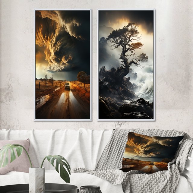 Designart "Storm Raging SPIRAL I" Storms Framed Wall Art Set Of 2 - Grey Landscapes Gallery Wall Frame Set For Home Decor
