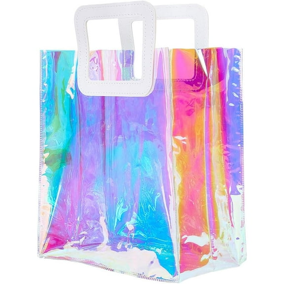 13.6 x 10 x 5.8 inch Holographic Large Tote Bags Reusable Gift Bag with Handles PVC Plastic Clear Iridescent Gift Wrap for Birthday Wedding Party Favor Shopping Beach Candy Goodie Packaging colorful