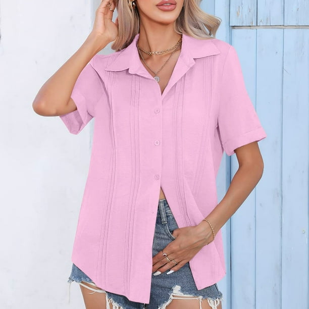 Fiudx Ofertas Del Día Moda Mujer Casual Botón Sólido Blusa Manga Corta Camiseta Verano Tops