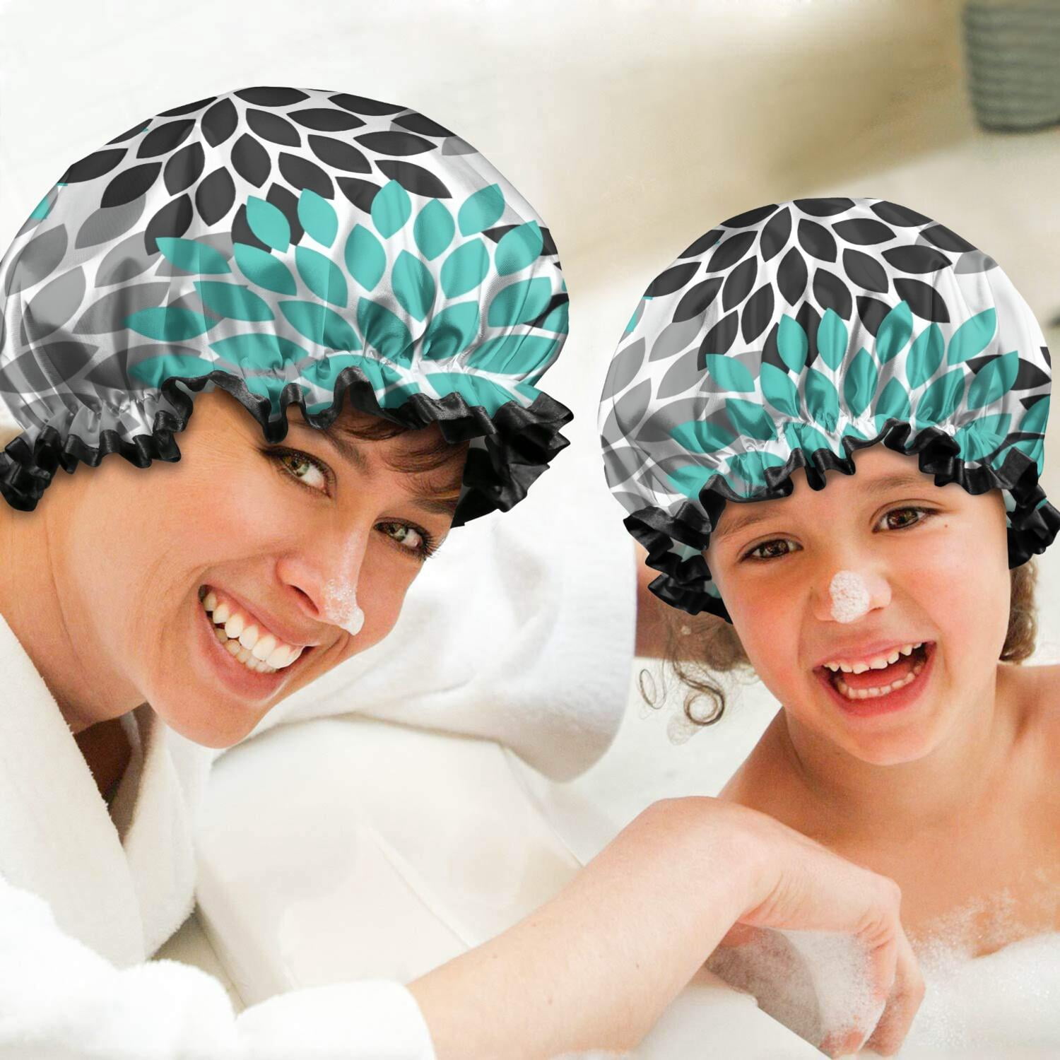 Shower Caps,Black Turquoise and Gray Floral Pattern Waterproof Shower Cap for Women 4 Pieces,Double Reusable Hair Cover for Shower PEVA Elastic Stretch Hem