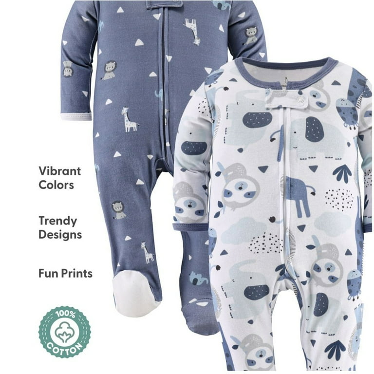 The Peanutshell Baby Footed Pajamas 3-Pack, Blue Safari, 0-3M photo 3