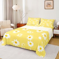 Homewish Vibrant Yellow Daisy Bed Sheets for Teen, Groovy Flower Floral King Sheets, Cute Cartoon Theme Breathable Home Decor, 4pcs