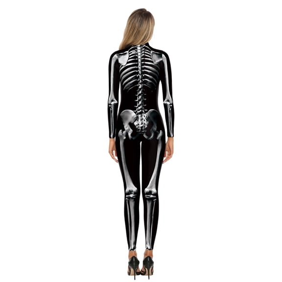 FASHOFT Adult Skeleton Digital Print Halloween Full Body Jumpsuit Tight Bodysuit Party Stage Performance Cosplay Outfit Fancy Dress Up Halloween L