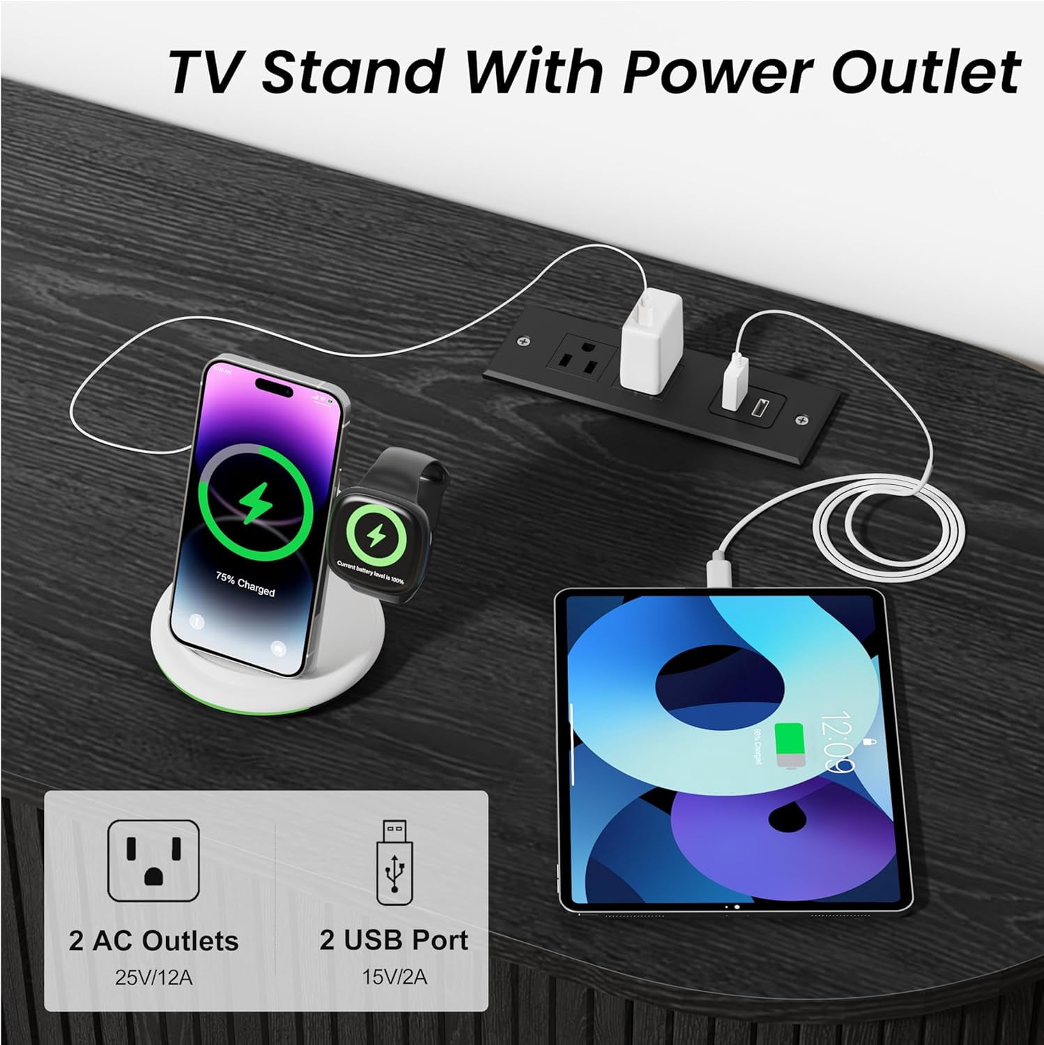 TV Stand with Power Outlet for TVs up to 60 Inch, Modern Entertainment Center with Storage, Adjustable Shelves & Sliding Doors, Media Console for Living Room Bedroom (Black, 55 Inch)