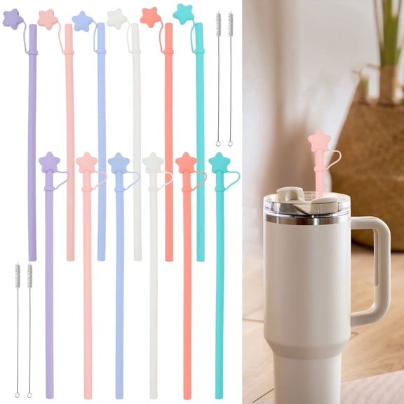 12 Pack 12 Inch Silicone Replacement Straws with Cover, Reusable Straws Compatible with 40oz 30oz Tumbler, Dishwasher Safe with 4 Cleaning Brushes