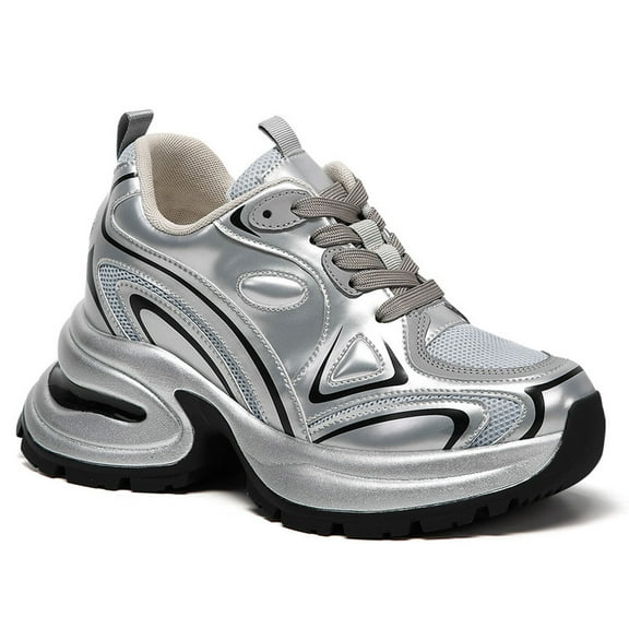 CMR CHAMARIPA Women's Height Increasing Shoes - Silver Microfiber Platform Sneakers 10CM / 3.94 Inches