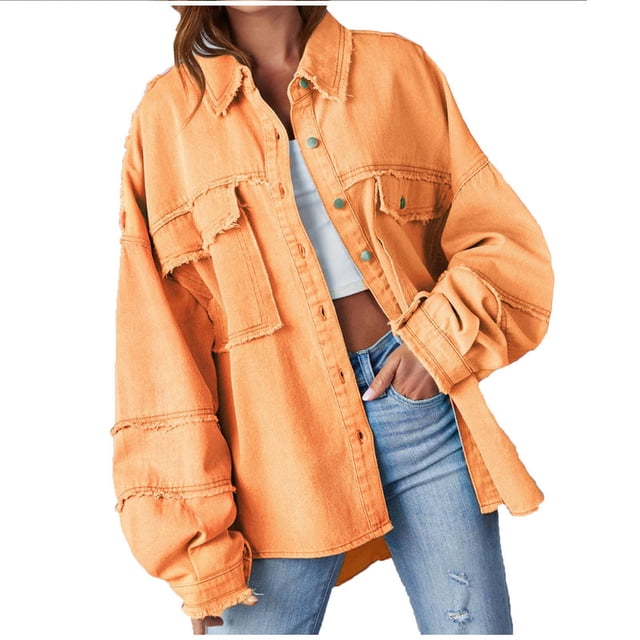 Yuyuzo Frayed Jean Jacket for Women Long Sleeve Turndown Collar Button Solid Color Jackets Fall Coats