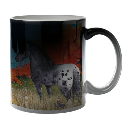 

KuzmarK Black Heat Morph Color Changing Coffee Cup Mug 11 Ounce - Black Blanket Appaloosa in Autumn Horse Art by Denise Every