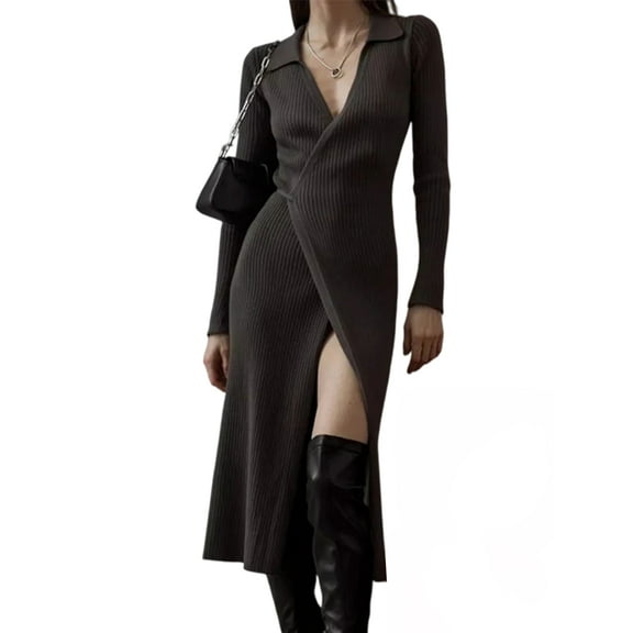 Women'S Wool Blend Side Slit Sweater Dresses Fall Business Casual Outfits Black S