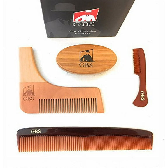 GBS 4 Piece Set - Premium Oval Wood Beard Brush with Boar Bristles, All-In-One Styling & template comb with 7" Tortoise Dressing comb and Mustache comb