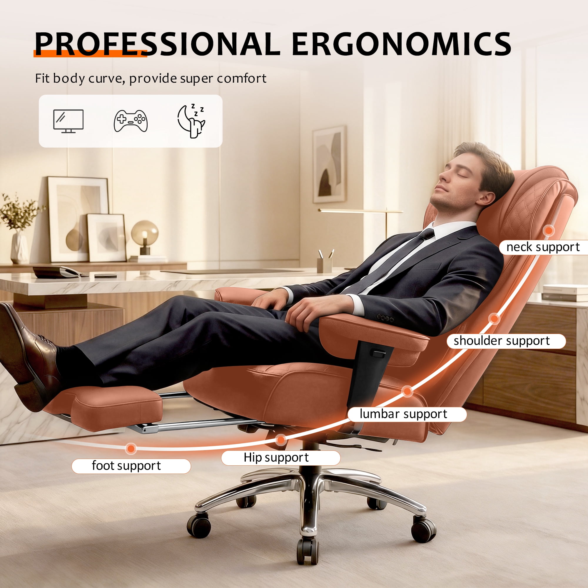 FASTES Office Chair, Big and Tall Desk Chairs with Footrest 400lbs Gaming Chair Ergonomic Executive High-Back Reclining Computer Chair Swivel Wheels and Padded Lumbar Support, Brown