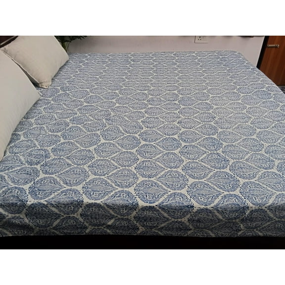 Handmade Cotton Kantha Quilt – Blue & White Floral Block Print Bedspread Twin Size