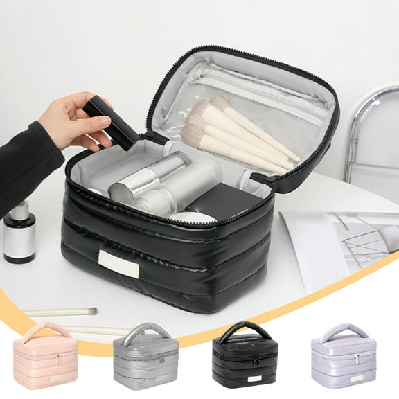 Large Capacity Tote Cosmetic Bag Organizer | Quilted Cloth, Lightweight, Durable, Fade-Resistant, 23x16.5x15.5 cm, Travel Makeup Pouch | Black Pink Silver