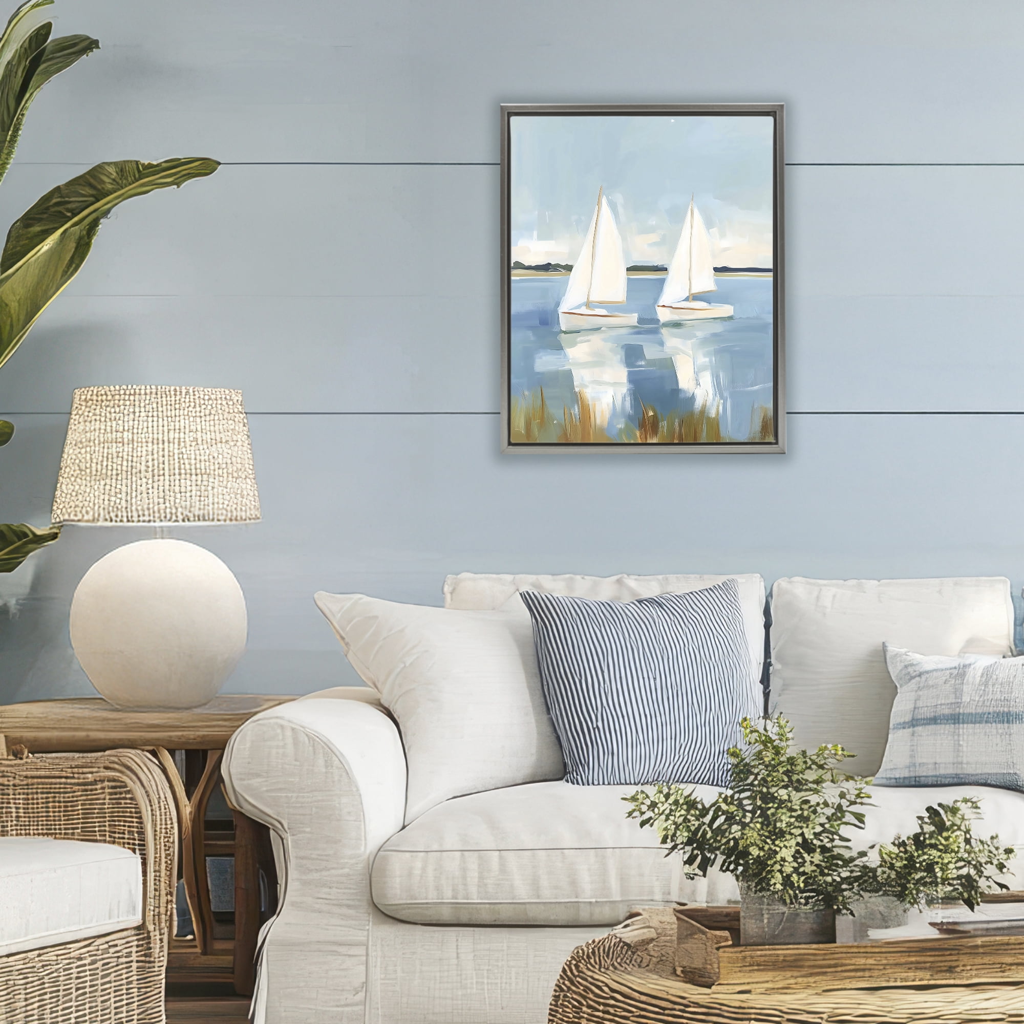 Stupell Industries Twin Sailboats By Shore Gray Framed Floater Canvas Wall Art, design by The Prints Vibe