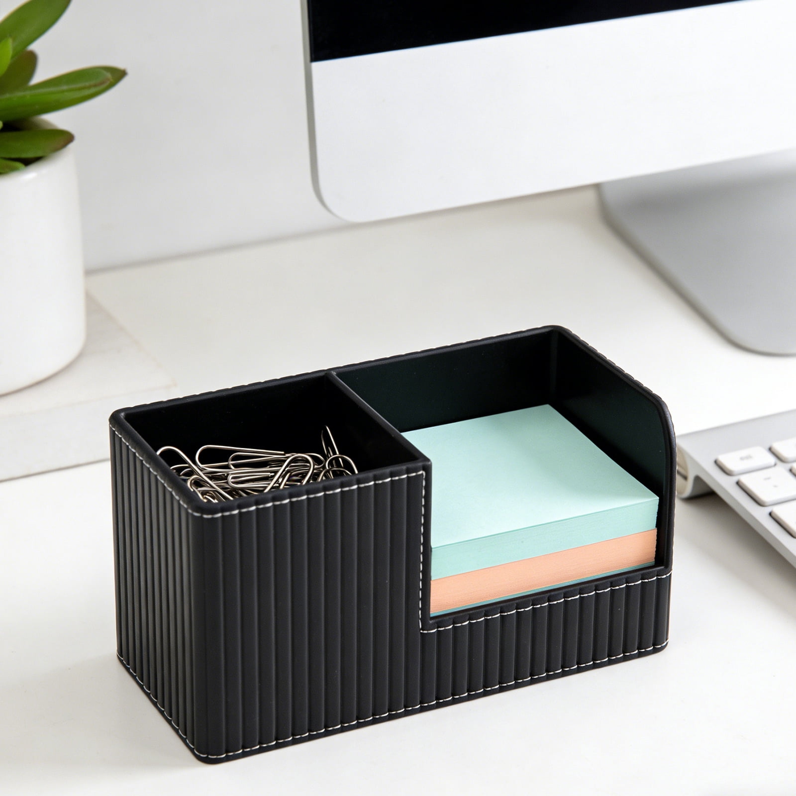 Leather Office Desk Organizer Pen Holder with Multi Compartments PU Storage Box for Pencils Markers Ruler Stationery