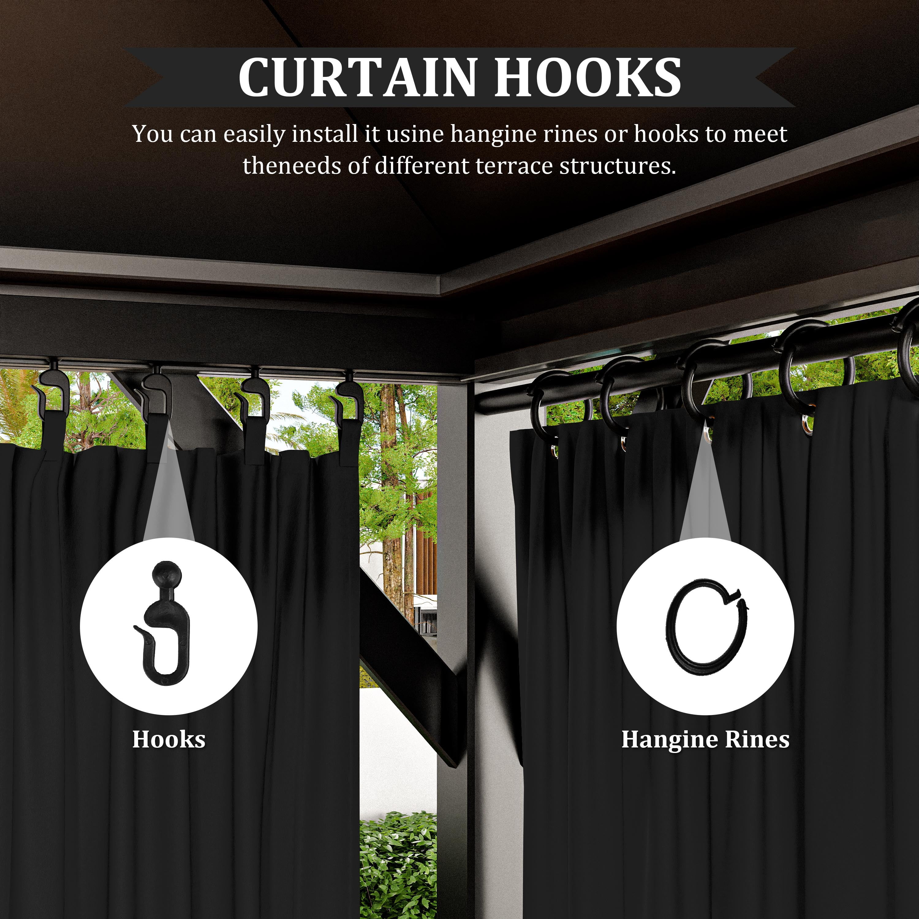 Pakunoda 4 Panel 12' X 6.5' Outdoor Curtains for 12' X 12' Gazebo, Waterproof Outdoor Privacy Curtain Panel set of 4, Black(Curtain Only)
