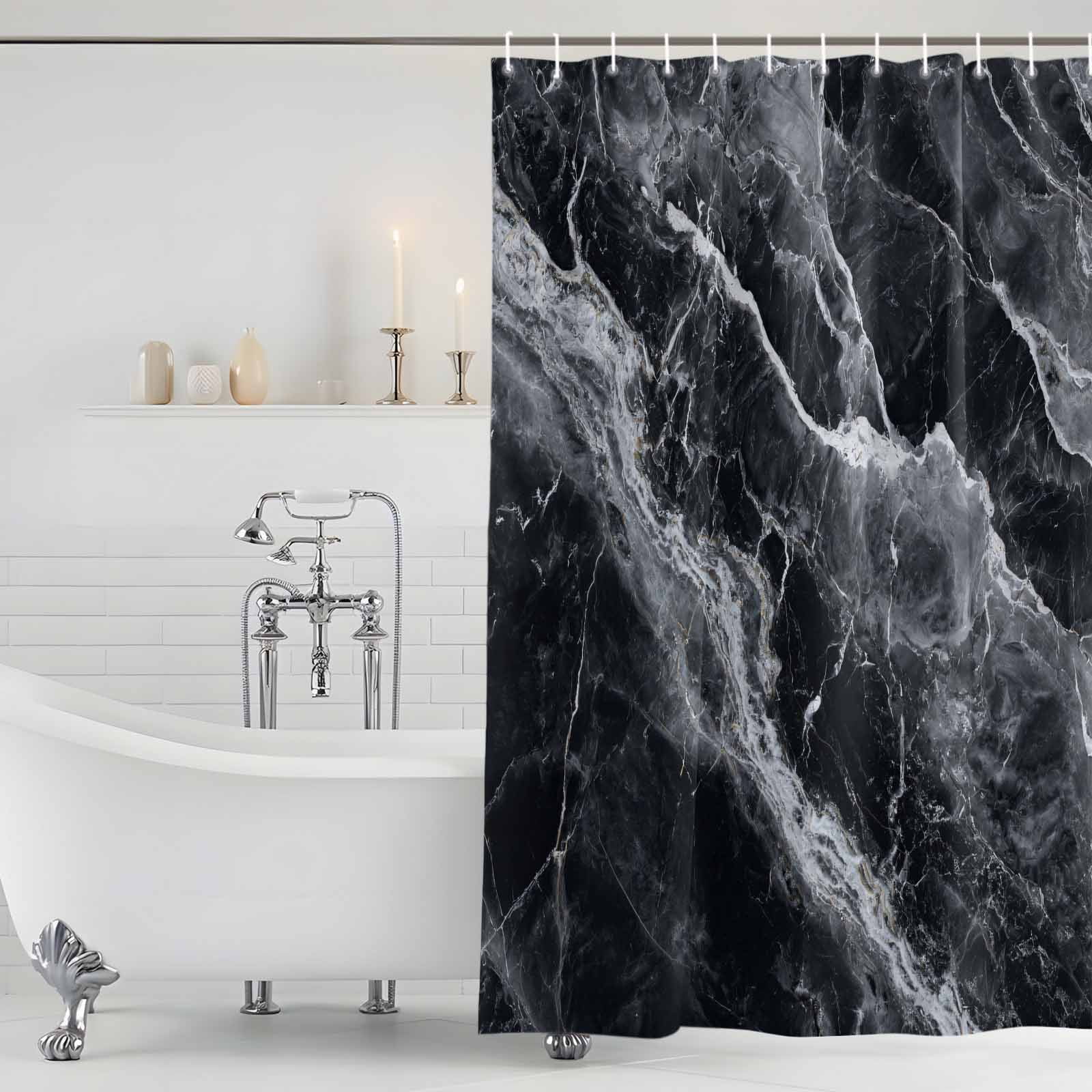 Shower Curtain Bathroom Set Abstract Marble Stone Texture Waterproof Fabric Shower Curtains with Grommets&Hooks, Black Privacy Bath Curtain for Bathtub 72x72in