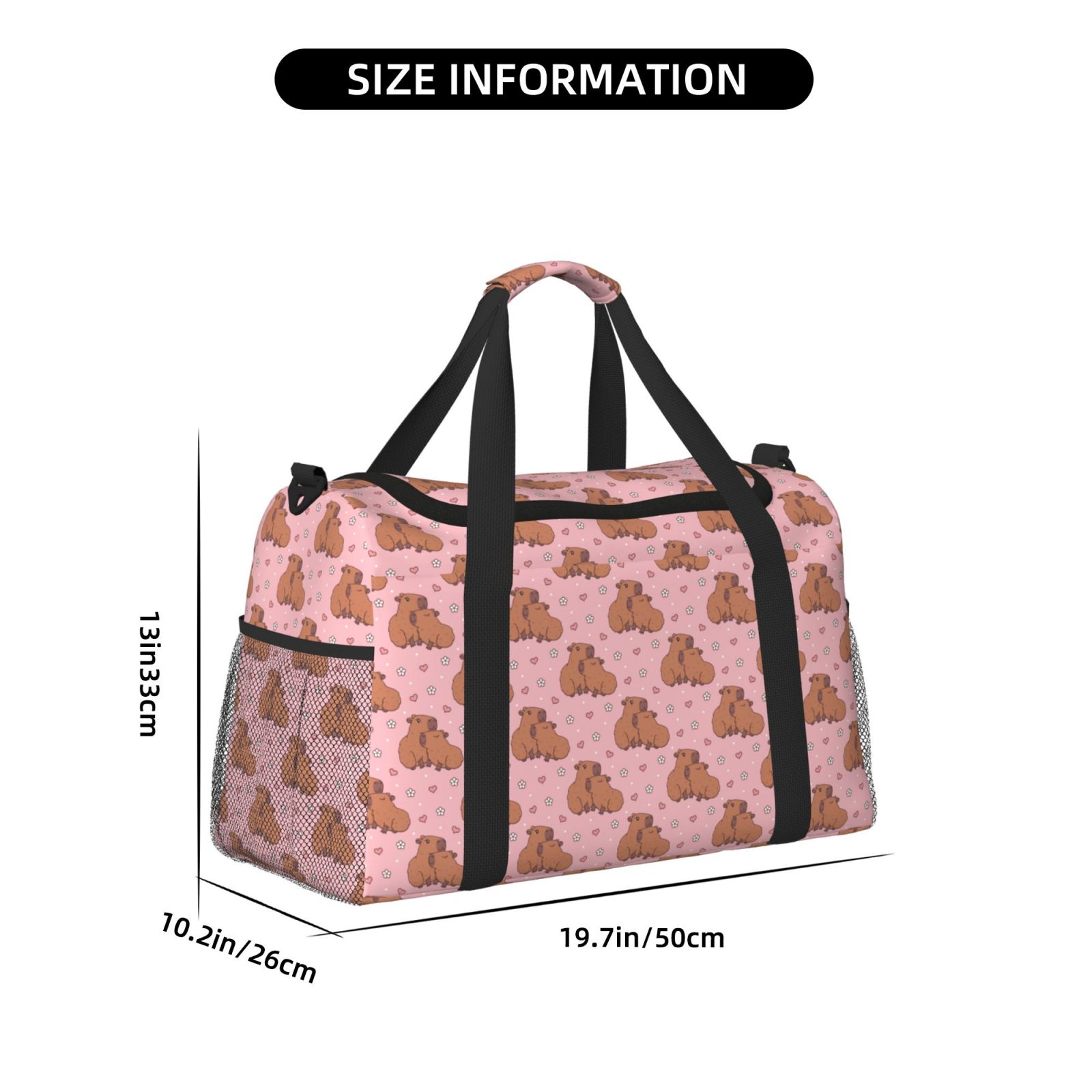 Kuqiui Heart Capybara Print Foldable Travel Duffel Bag Tote Carry on Luggage Bag Personal item Sports Gym Bag Water Resistant Weekender Overnight Bags for Women and Men