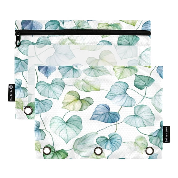 2 Pack 3 Ring Binder Pouch with Clear PVC Window Water Resistant Zipper Pencil Pouch Light Blue and Green Leaves Binder Pocket for Classroom Office Home Stationery Organization