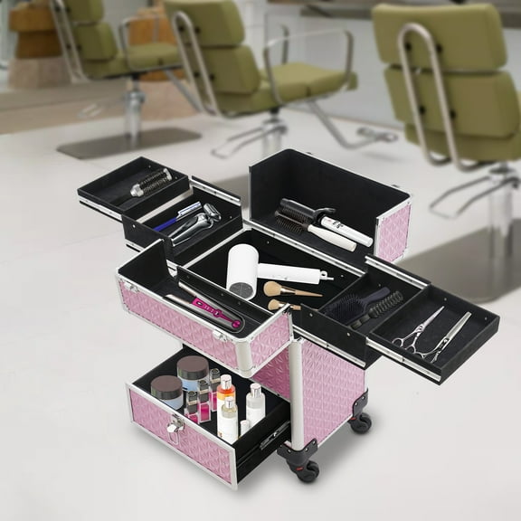 Wildnix Pink Makeup Train Case with Lockable Compartments – Large Capacity Rolling Cosmetic Organizer, 4-Tier Design, Detachable Wheels, Portable Beauty Storage Box