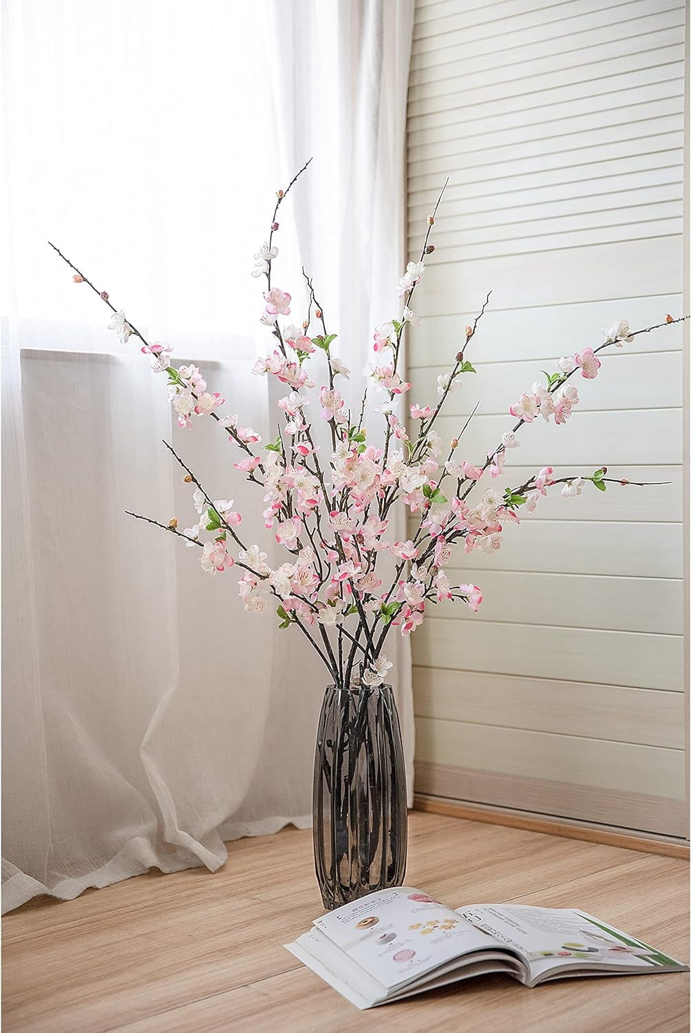 Artificial Cherry Blossom Branches, Faux Fake Plum Flowers Real Touch Boutique Bulk for Home Wedding Office Decoration, 35”Long Stems for Tall Vase (3PCS, White)