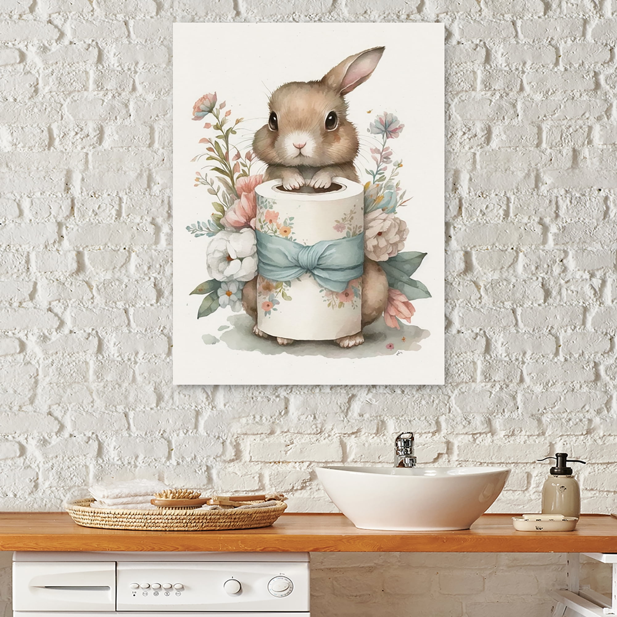 Designart Bunny With Roll Of Toilet Paper And Flowers I Canvas Wall Art