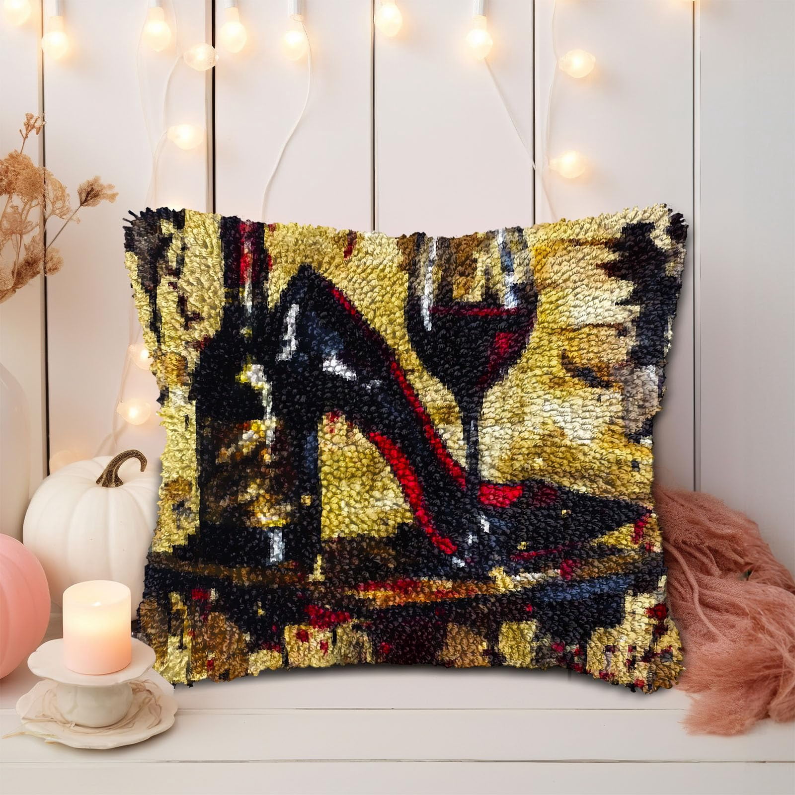 Woman High-heel Shoes and Wine DIY Latch Hook Pillow Kits for Adults Printed Pillowcase Crochet Yarns Hooking Handmade Pillow Cover Cushion for Home Sofa Decoration 17x17inch(1)