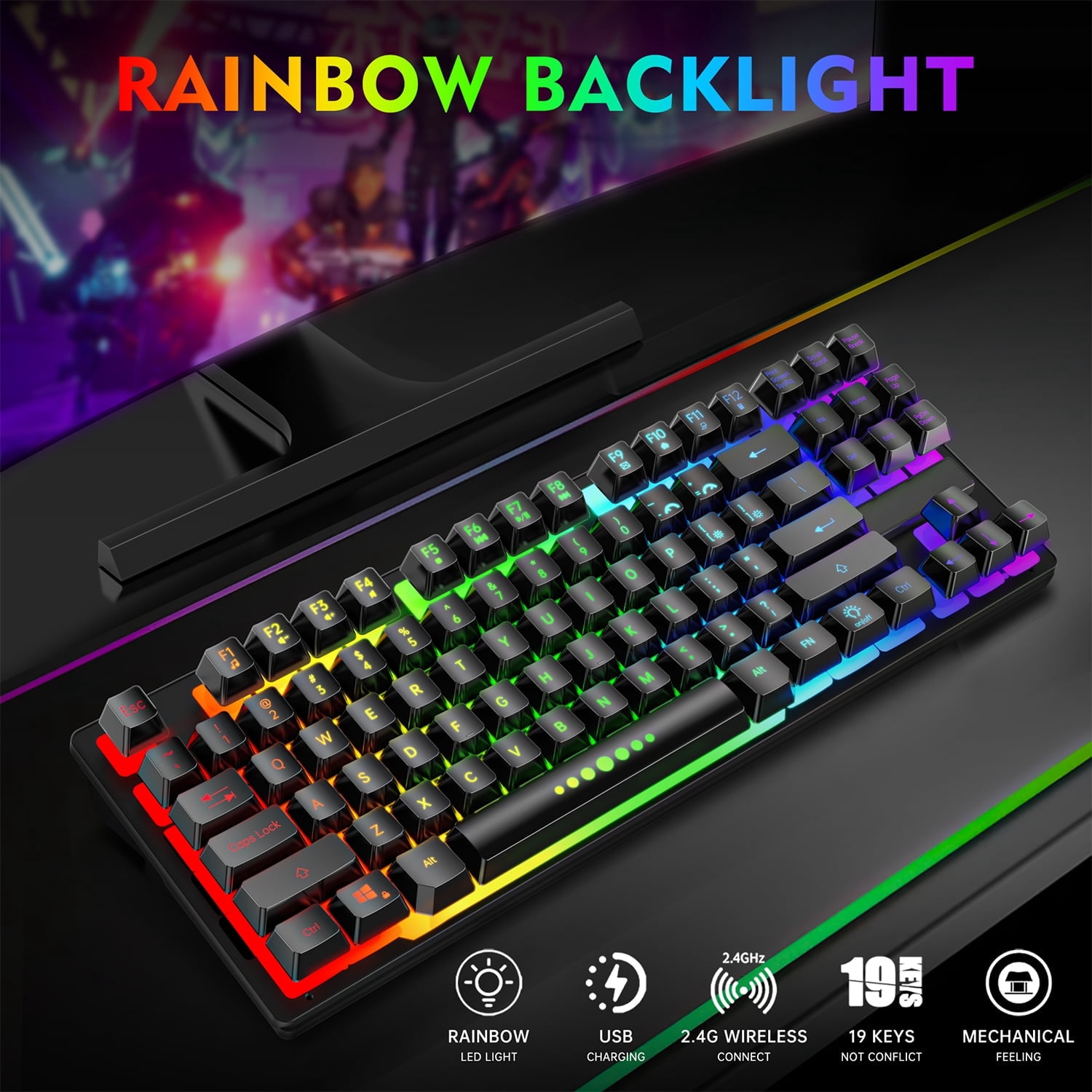 Wireless Keyboard and Mouse, 87 Keys Mechanical Feel Keyboard Mice Combo, Anti-Ghosting Ergonomic Rechargeable W/ 2.4G Wireless Receiver, RGB LED Backlight for Windows Computer PC Gamer