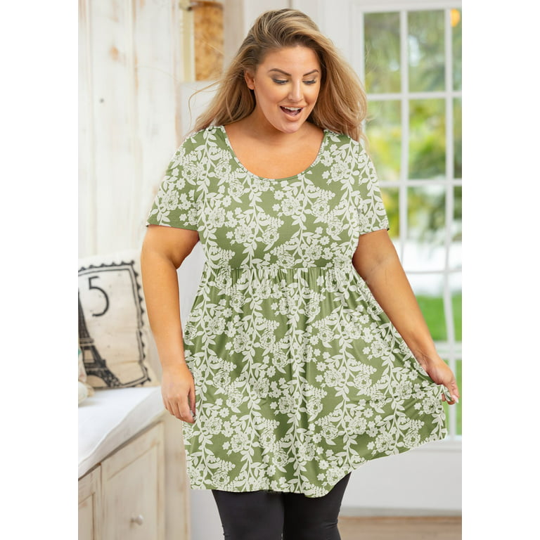 SHOWMALL Plus Size Tunic for Women Short Sleeves Green Roses 3X Tops Neck Clothes Summer Flowy Maternity Clothing Shirt -