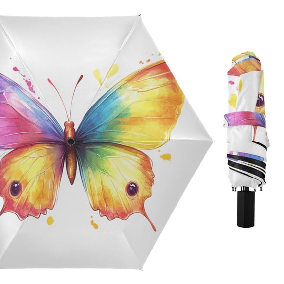 Colorful Butterfly Watercolor All Weather Umbrella Triple Folding Parasol 6 Ribs UV Protection Portable