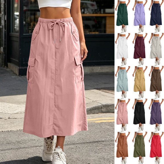 Smsaxvxz Cargo Skirt for Women Casual Solid Drawstring Elastic Waist Maxi Skirts with Pockets Summer Loose Holiday Outfits Pink XL