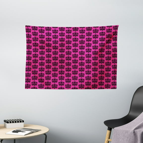 Hot Pink Tapestry, Eastern Themed Ethnic Oriental Black Damask Design on a Hot Pink Backdrop, Wall Hanging for Bedroom Living Room Dorm Decor, 60W X 40L Inches, Black Hot Pink, by Ambesonne