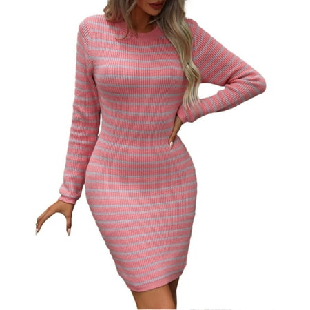 Bramtres Mini Dress Bodycon Dresses Women s Knitwear Women s Intercolor Striped Pullover Mid Length Sweater Petite Dresses Long Sleeve Dress Casual Dresses Pink Dress S