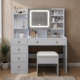 thumbnail image 2 of Hassch Vanity Desk with Lighted Mirror Cabinet and Charging Station, 47.2" Makeup Table with Hooks, Glass Top and Cushioned Stool, Dressing Table with Open Shelves and 5 Storage Drawers, White, 2 of 8