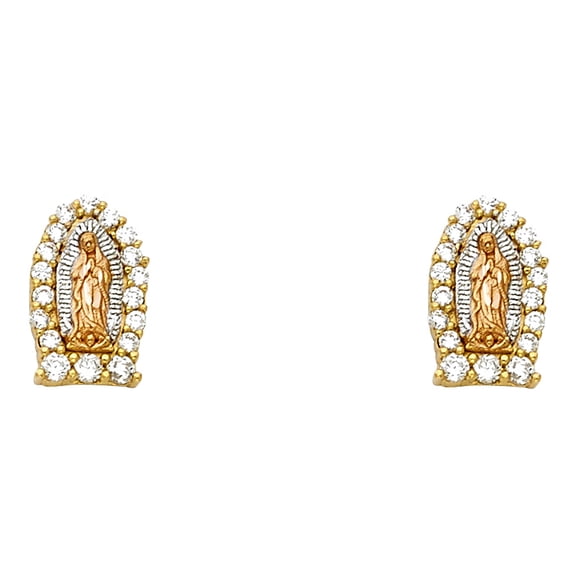 Wellingsale Ladies 14k Tri 3 Color Gold Polished CZ Our Lady of Guadalupe Earrings