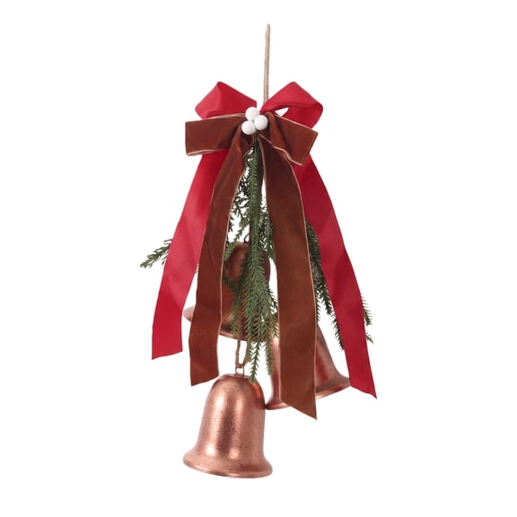 Senfot Orange Red Metal Christmas Bell Hanging Decoration with Red Gold Bow Xmas Tree Wall Front Porch Indoor Home Decor