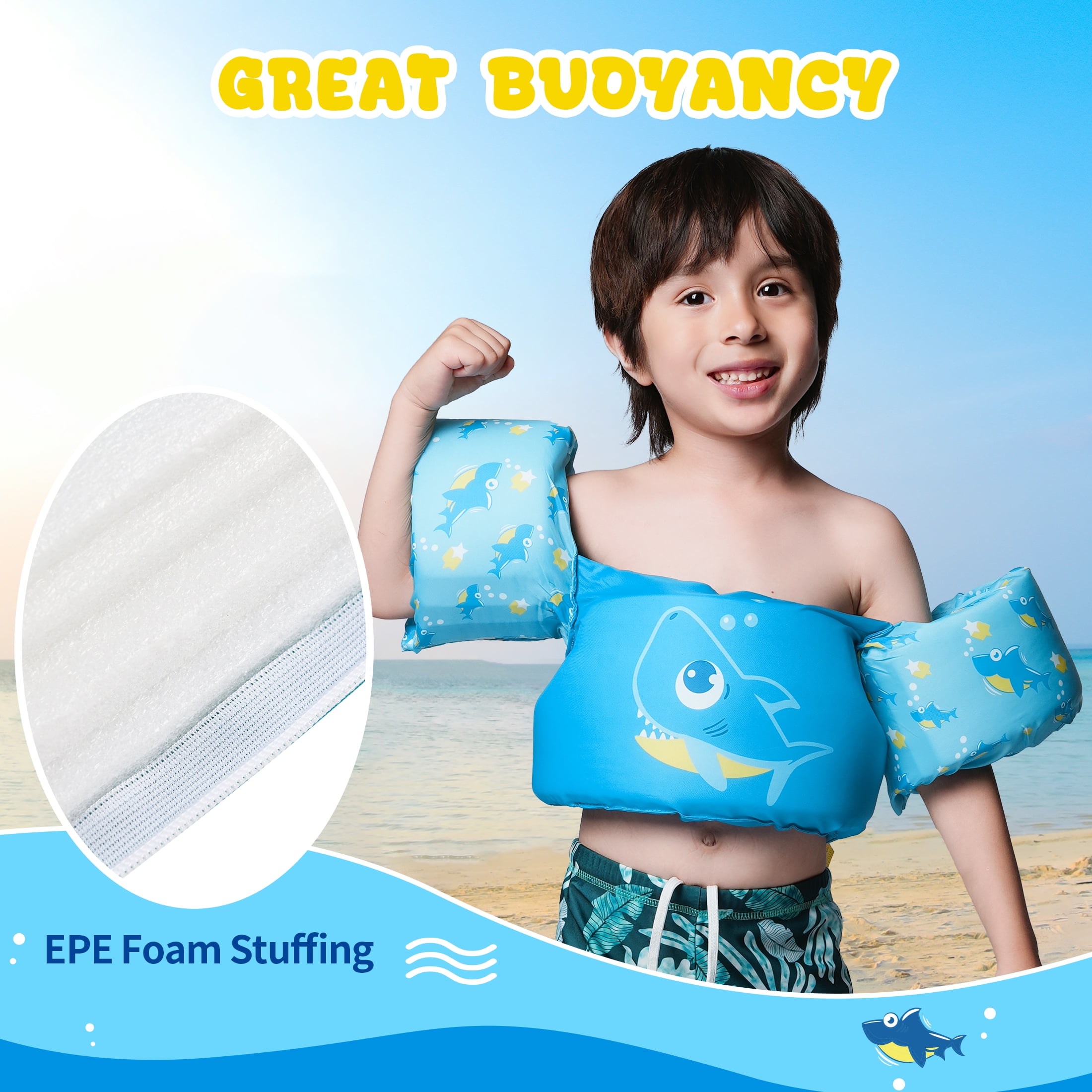 NEO-SPLASH Toddler Swim Vest with Armbands, Life Jackets for Kids Aged 1-3 (24.2-41.8 lbs), Blue Shark