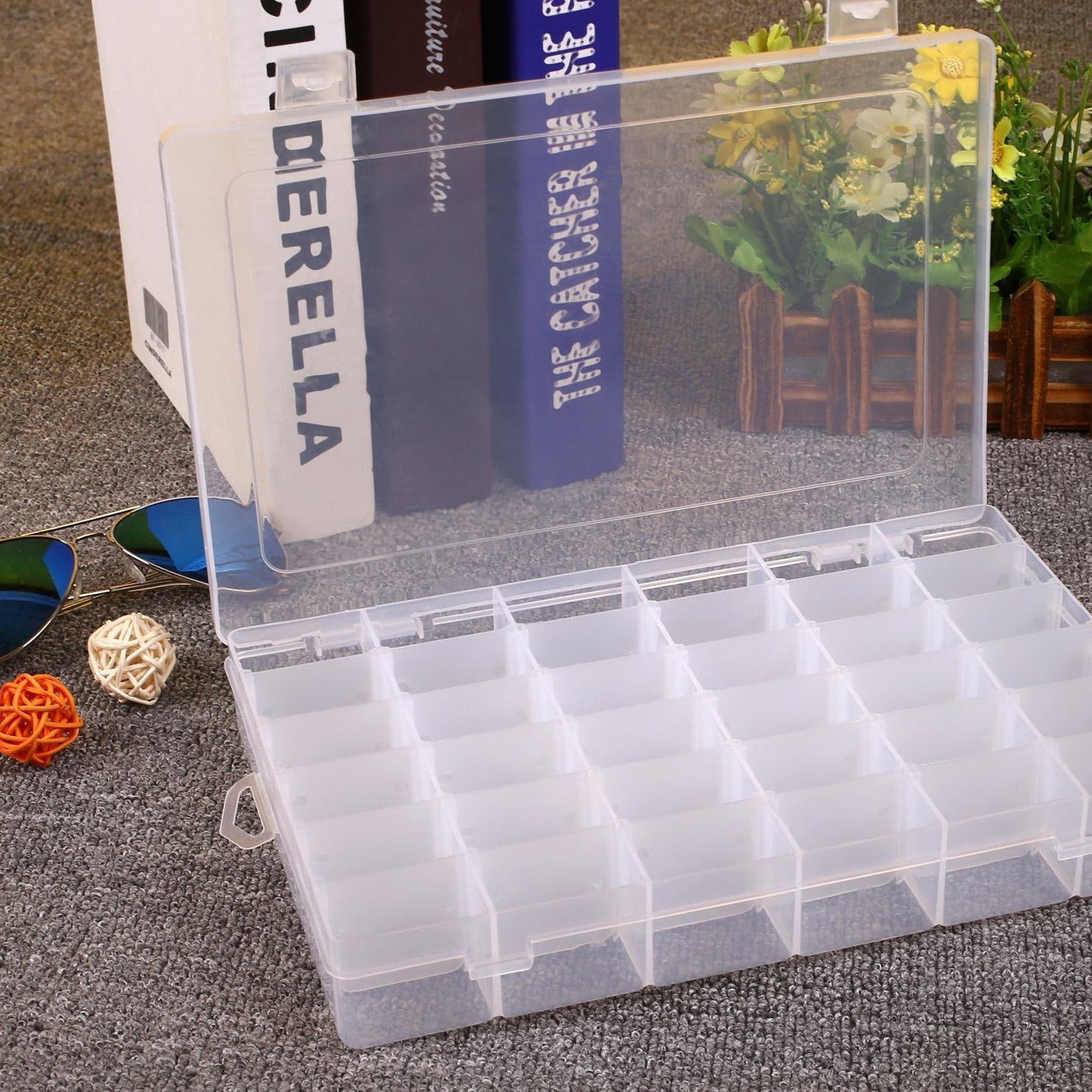 Souarts Slot Adjustable Transparent Rectangle Storage Boxes with 10 Individual Small Compartments 