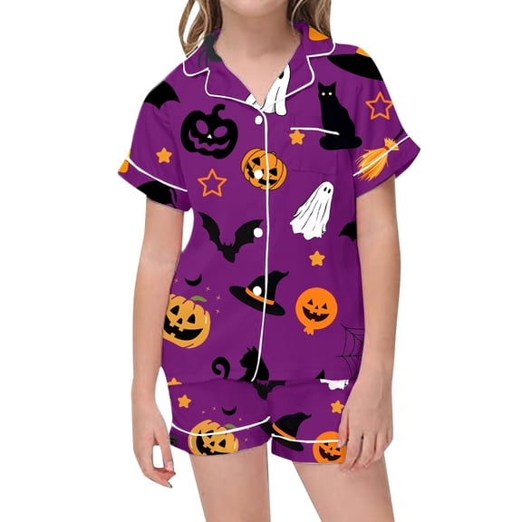 Halloween Pajamas Kids Size 4-5 Years Girls Halloween Loungewear Short Sleeve Top and Shorts Soft Nightwear Girls Pajama Set Purple