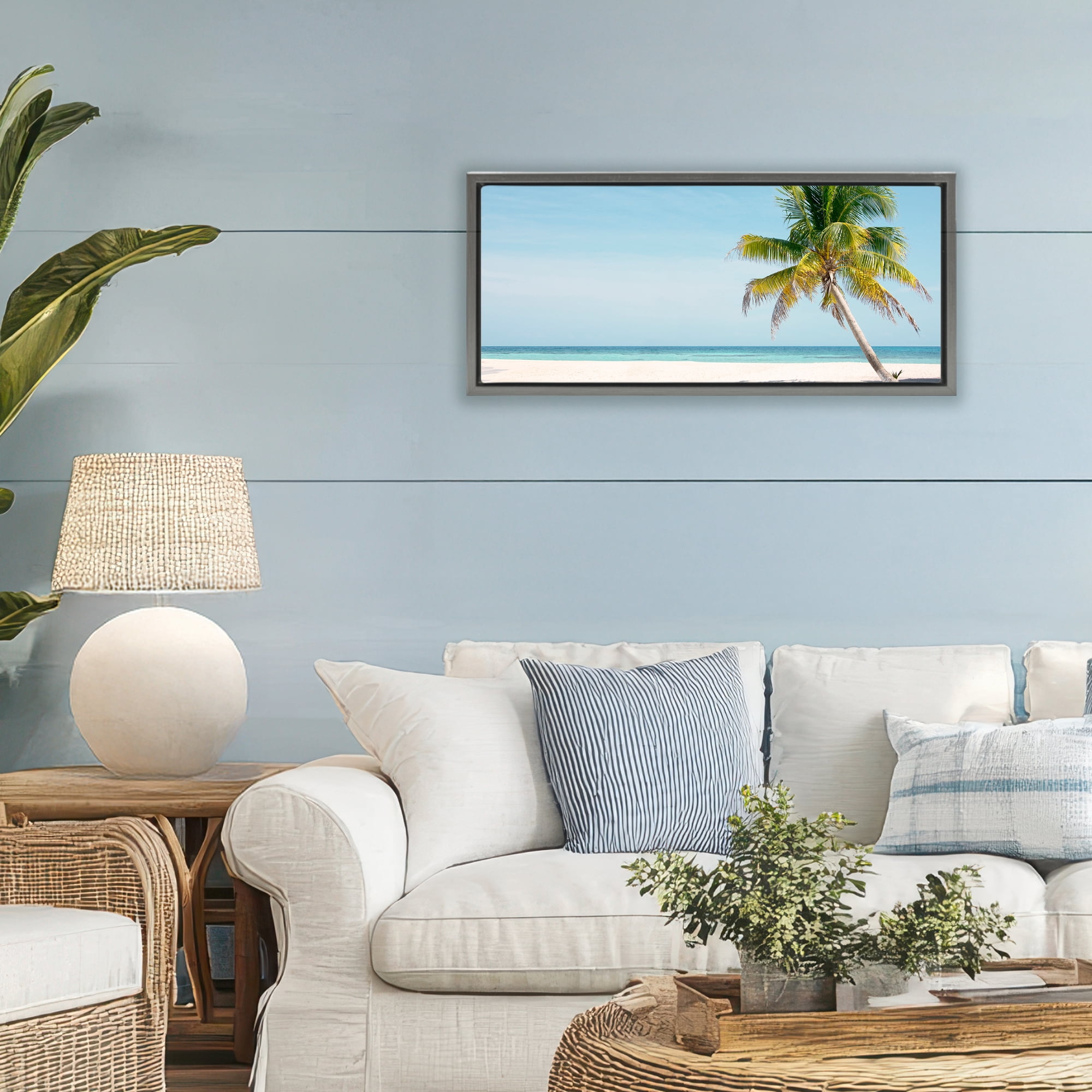 Stupell Industries Tropical Island Palm Tree Gray Framed Floater Canvas Wall Art, design by Danita Delimont