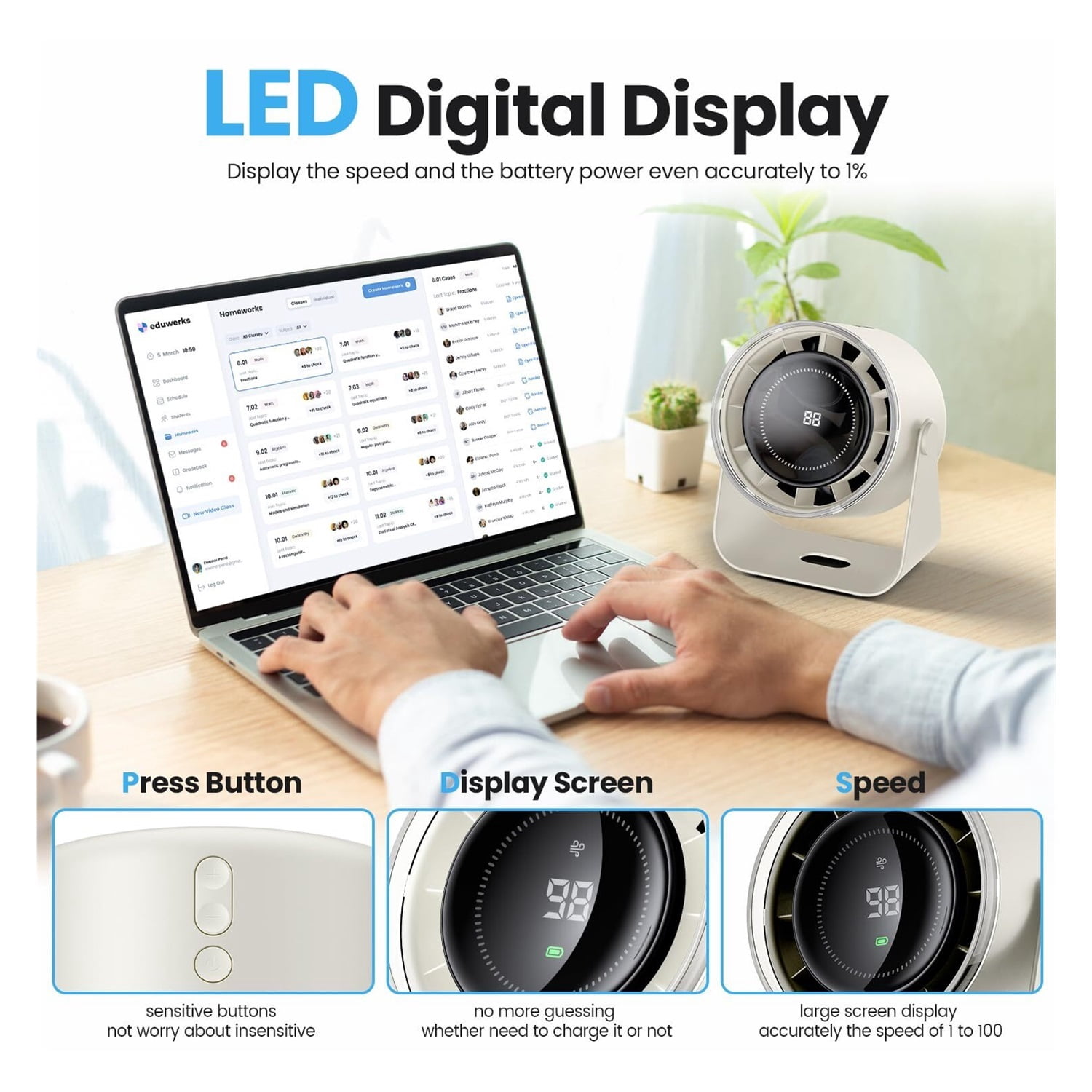 Desk Fan with Battery Operated, Quiet Digital Display Portable Fan for Office, Bedroom, Kitchen, Home, Outdoor, 100 Speeds 115° Tilt Small Travel Camping Table Fan,Bluish Black