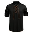 thumbnail image 2 of USNSM Men's Linen Cotton Retro Lace Up Shirt Long Sleeve Stand Up Collar Drawstring Top Casual Pullover Henley Shirt Black S, 2 of 6