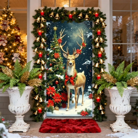 Large Christmas Door Cover With Festive Holiday Artwork, Elastic Fabric Door Curtain For Wall And Front Porch Seasonal Decorations And Party Background Displays