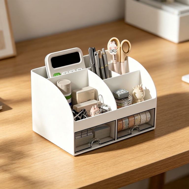 Solivara 6 Compartment Plastic Desk Organizer With 2 Drawers Pen Holder For Home Office Storage(White,8.31*5.59in)