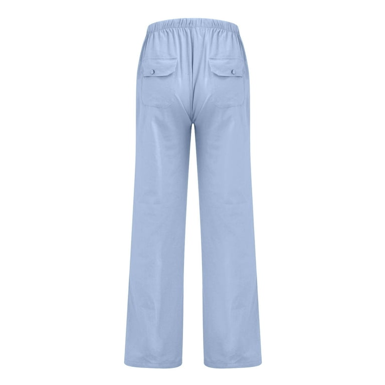 DENGDENG Mens Fishing Pants Relaxed Fit Straight-Leg Pants Solid Color  Cotton Linen Men's Pants Long Casual Trousers for Men Light blue XL