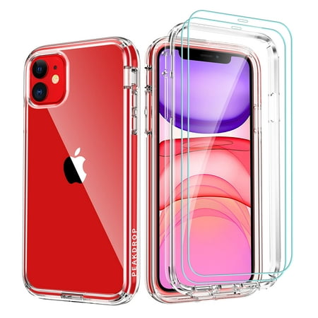 PeakDrop Compatible with iPhone 11 Case, Clear Full Body Heavy Duty Protective Case Transparent Cover Designed for iPhone 11 (2X Glass Screen Protector Included) - Clear