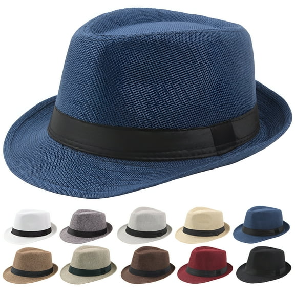 TELOLY Men Solid Color Linen Beach Hat, Outdoor Wide Brim Fedora Felt Hat Panama Cap Boater Summer Beach Sunhat